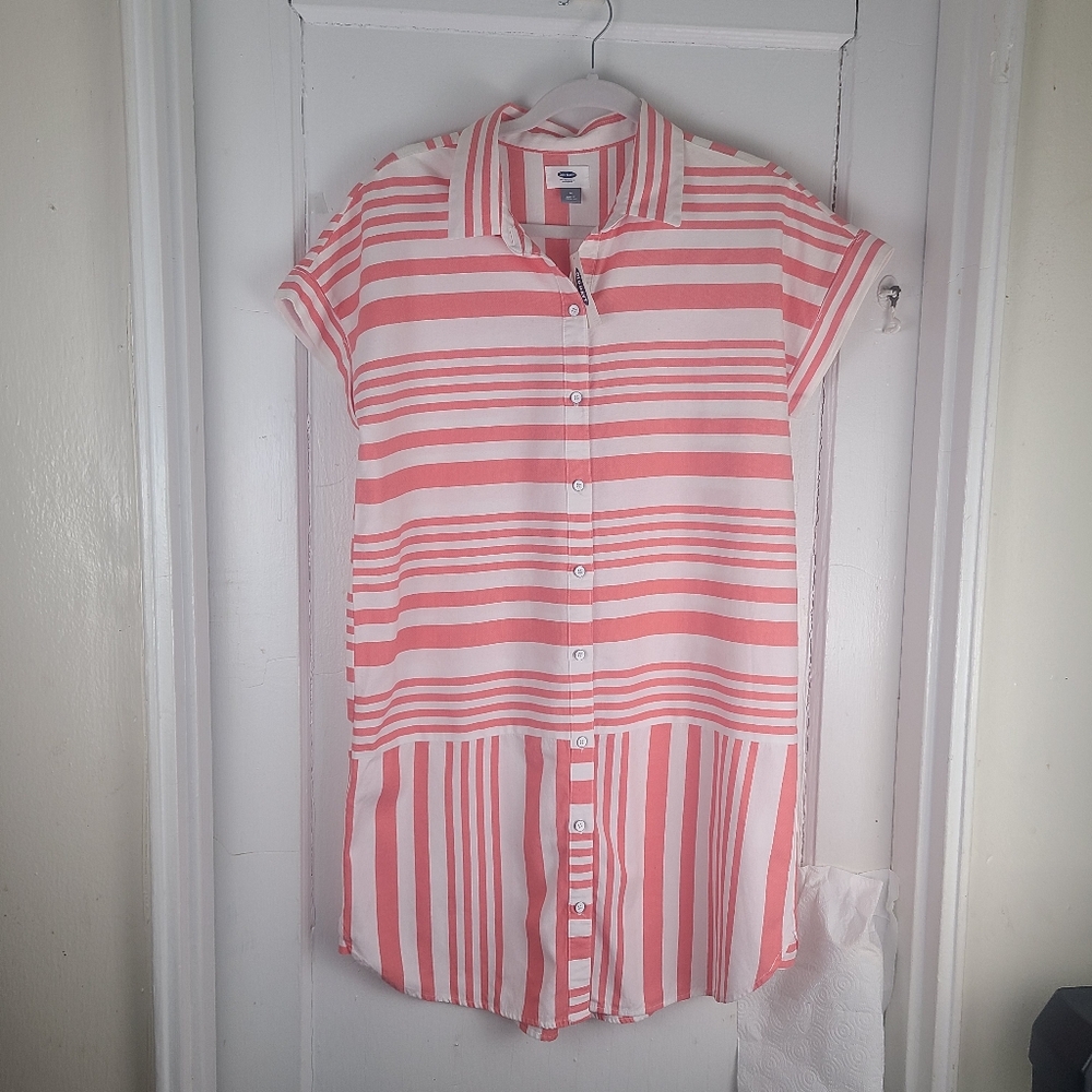 Old Navy Women's Button Down Short Sleeves Shirt Dress Size M Pink/white.NWT.